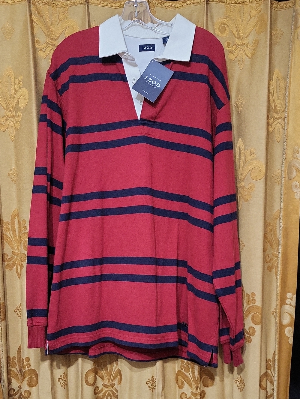 NWT IZOD Men's Red & Navy Stripe Rugby Shirt with White Collar